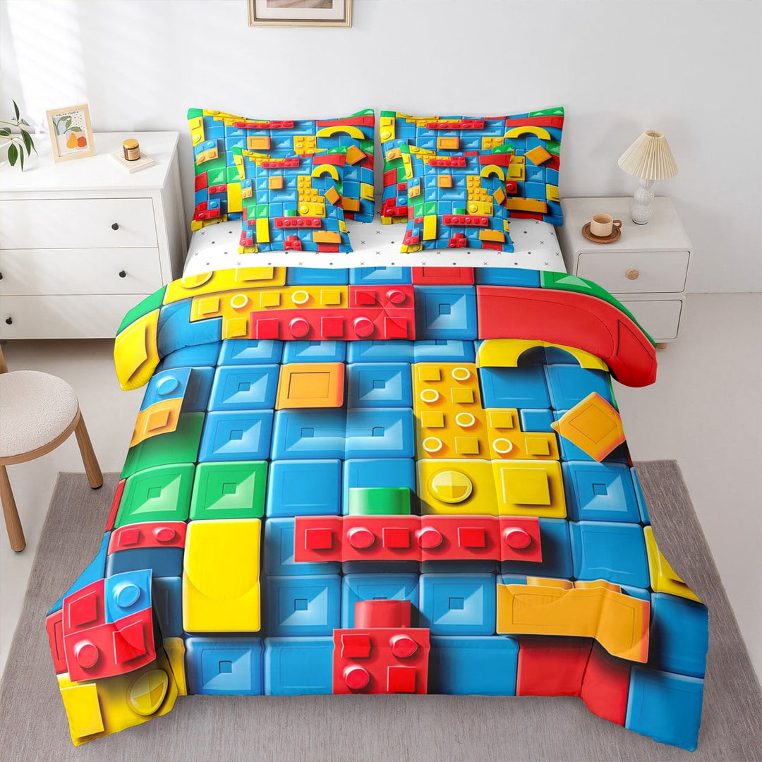 Erosebridal 3D Building Blocks 7 Pcs Comforter Set Full, Colorful Construction Bedding, Rainbow Brick Blue Sheet Set Bed in A Bag Funny Patchwork Geometric Rectangle Quilt