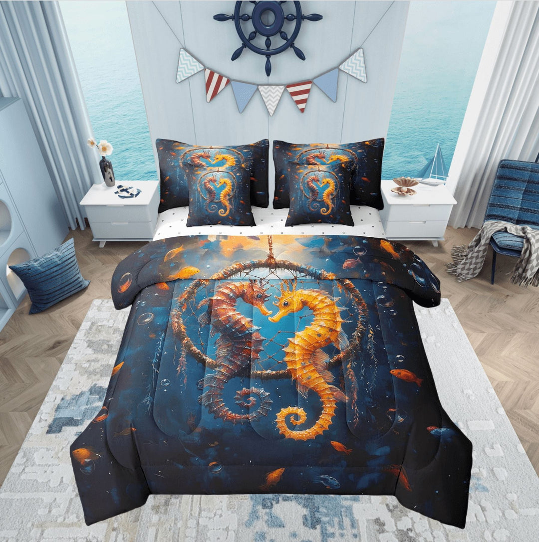 Seahorse Bed in a Bag Queen Comforter Set 7 Piece,Dreamcatcher Sheet Set with Comforter,Ocean Fish Bedding Sets,Nautical Sea Animals Bed Set,Exotic Bohemian Decor