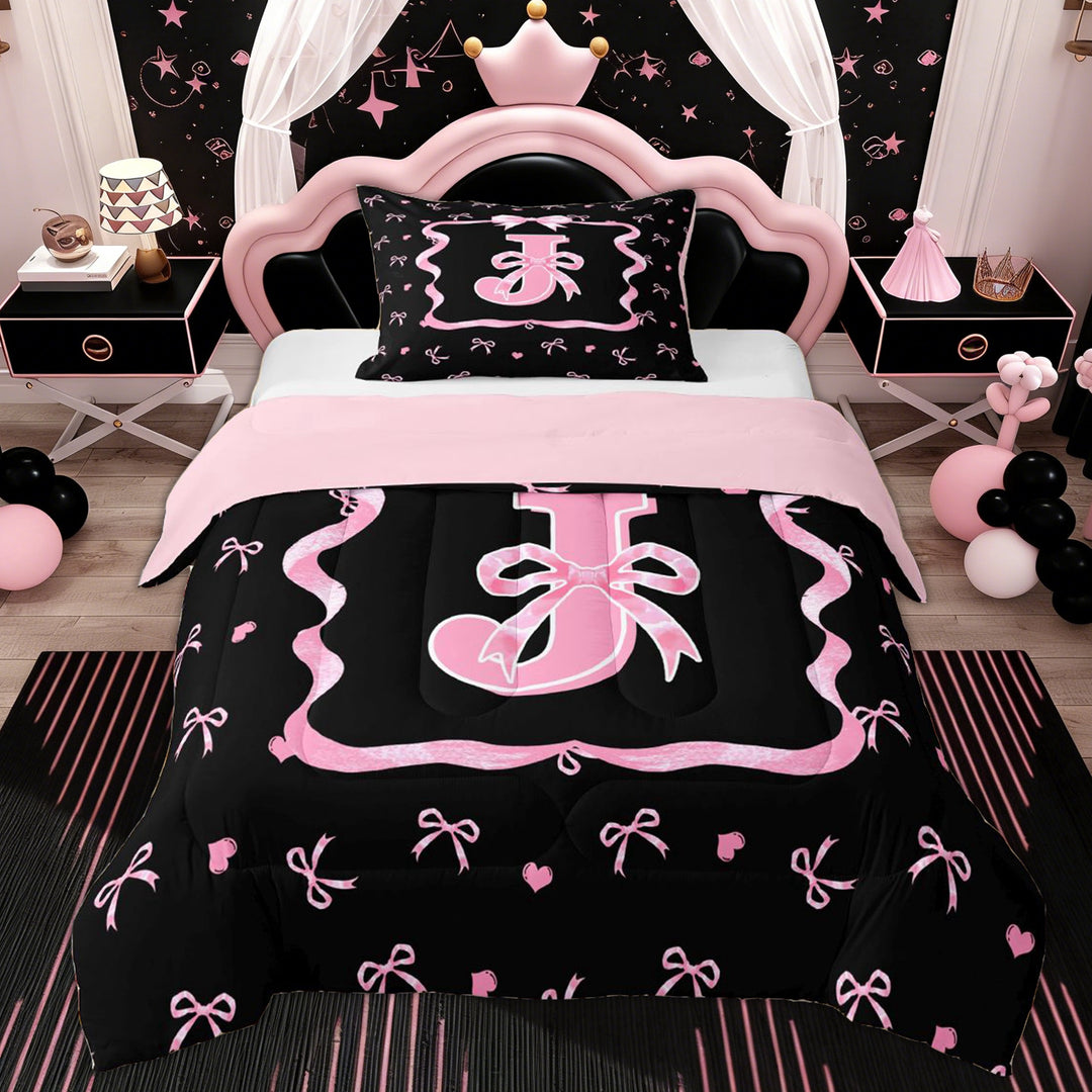 Erosebridal Girls Bow J Letter Twin Comforter Sets, Watercolor Love Heart Bedding Set, 2pcs