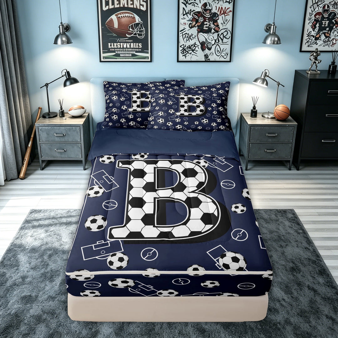 meiyoeat Soccer Letter B Zipper Comforter Set with Fitted Sheet and 2 Pillowcases for Kids Boys, Ball Field Zipper Bedding Set, Navy Blue, Blue Reversible, 3pcs