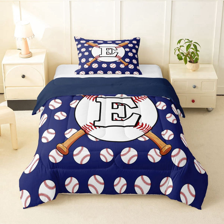 Erosebridal Sport Letter Monogrammed E Twin Comforter Sets 3-Piece for Teens,Baseball Gamer Bedding Set for Boys Girls,Navy Blue Reversible,Breathable Home Decor