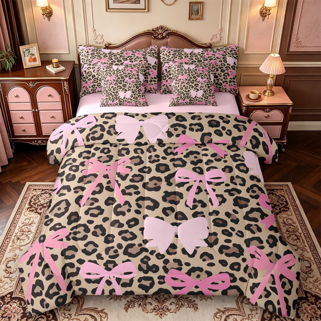 Manfei Brown Leopard Print 7 Pieces Full Size Bedding Sets,Cute Coquette Bow Full Size Bed in a Bag,Pink Reversible