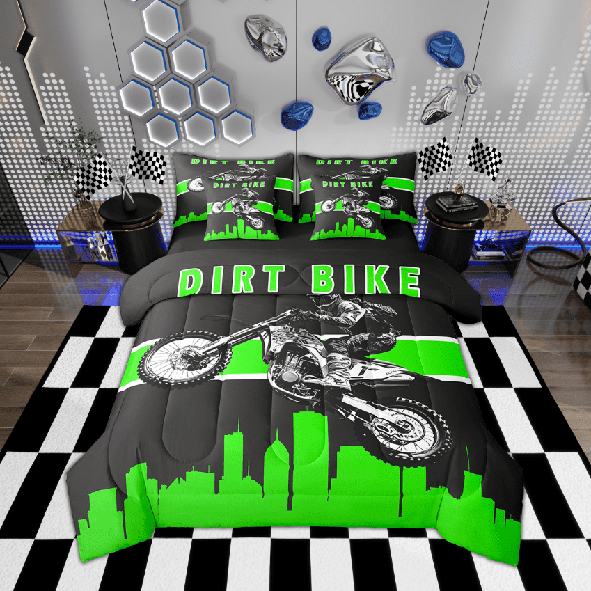 Erosebridal Motocross Rider Full Comforter Set 7 Pieces Black Green Bedding Comforter Sets, Modern City Stripe Bed in a Bag Dirt Bike Bedding Set, Extreme Sports Bed Sheets Set for All Seasons