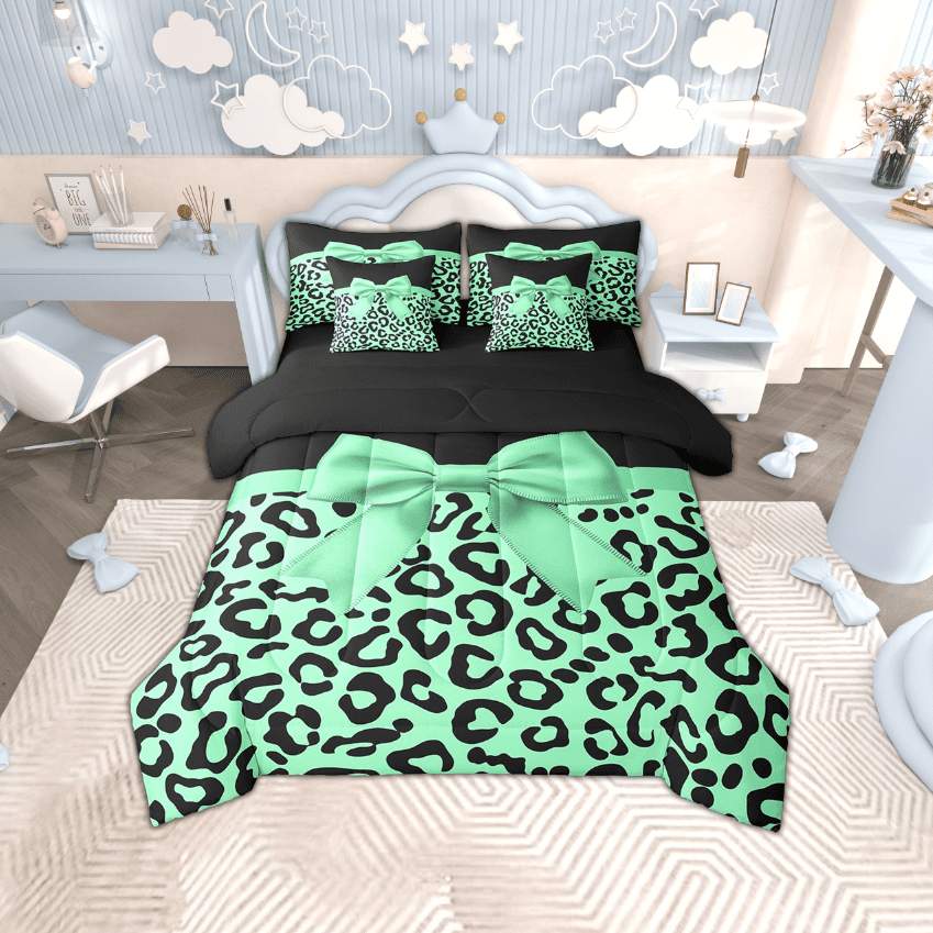 Erosebridal Bowknot Bed in a Bag Full size, Green Leopard Print Comforter Sets with Sheets, Reversible 7pcs