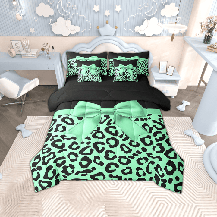 Erosebridal Bowknot Bed in a Bag Full size, Green Leopard Print Comforter Sets with Sheets, Reversible 7pcs