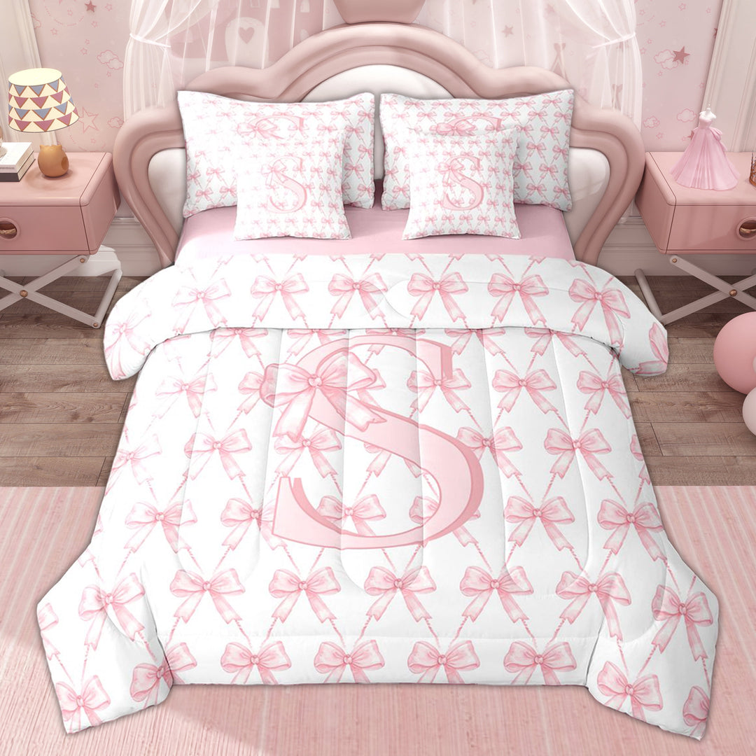 Erosebridal Princess Bow Letter Twin Bedding Sets for Kid, Pink Monogrammed S Bedding Comforter Set, 7-Piece