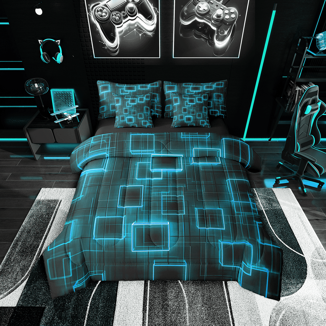 Geometry Comforter,Neon Square Blue Black 7 Pieces Bedding Set Twin Size Adults,Geometric Strip Lines Sheet Set Modern Gradient Cubes Bed Set