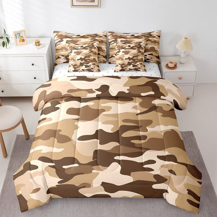 Army Camo Full Comforter Set 7 Piece,Military Camo Bedding Set With Sheet Set Teen Men Brown Desert Camouflage Bed in A Bag Abstract Army Masking Ornament Bed Set