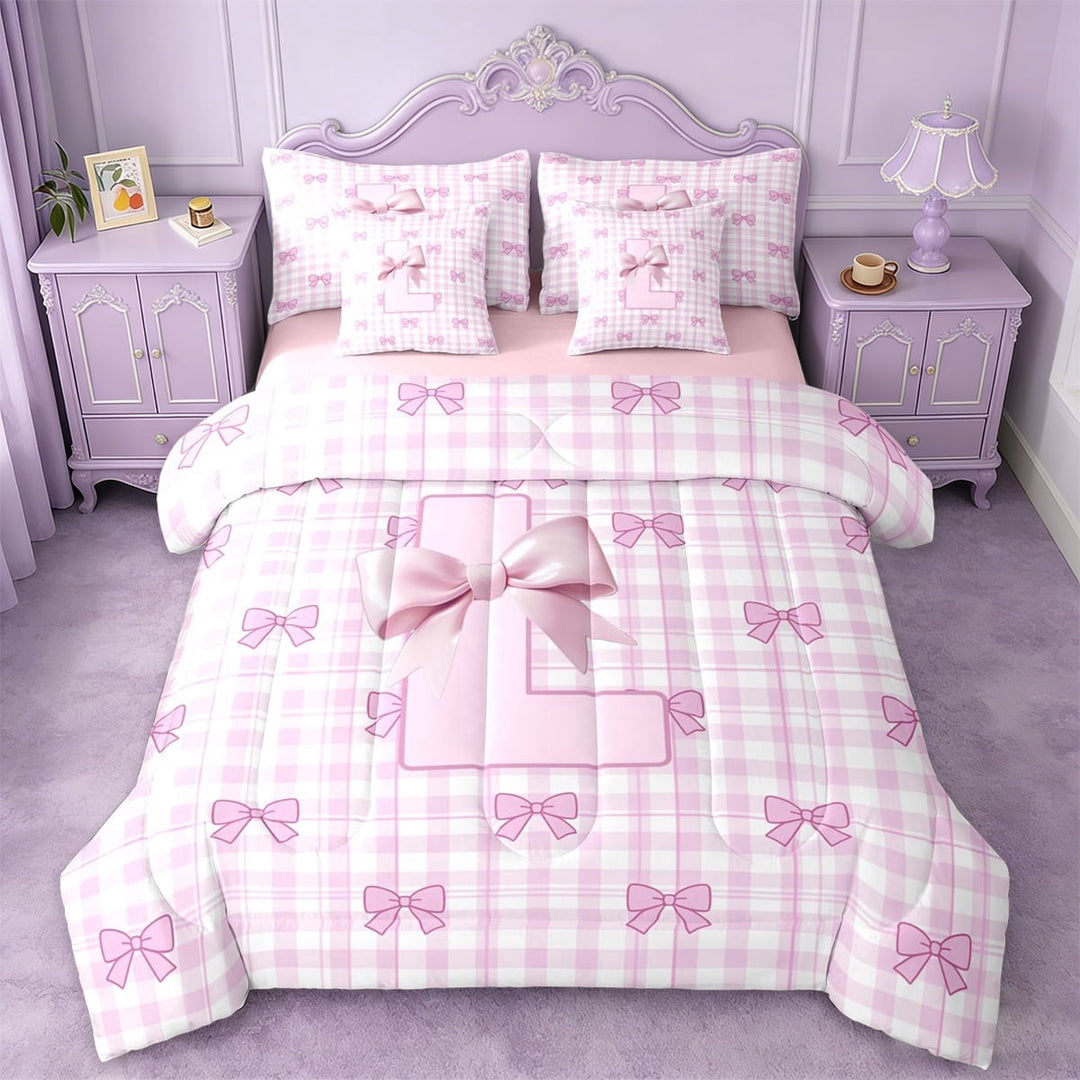 Erosebridal Pink Letter L Monogram 7-Piece Twin Bedding Sets,Princess Bowknot Bedding Comforter Set For Kids Girls,Pink Reversible