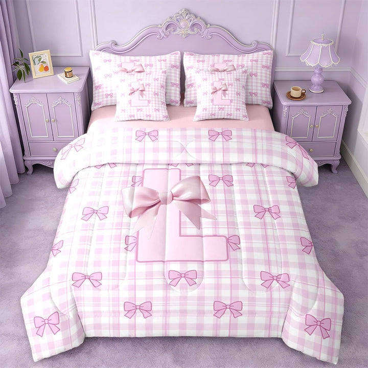 Erosebridal Pink Letter L Monogram 7-Piece Twin Bedding Sets,Princess Bowknot Bedding Comforter Set For Kids Girls,Pink Reversible