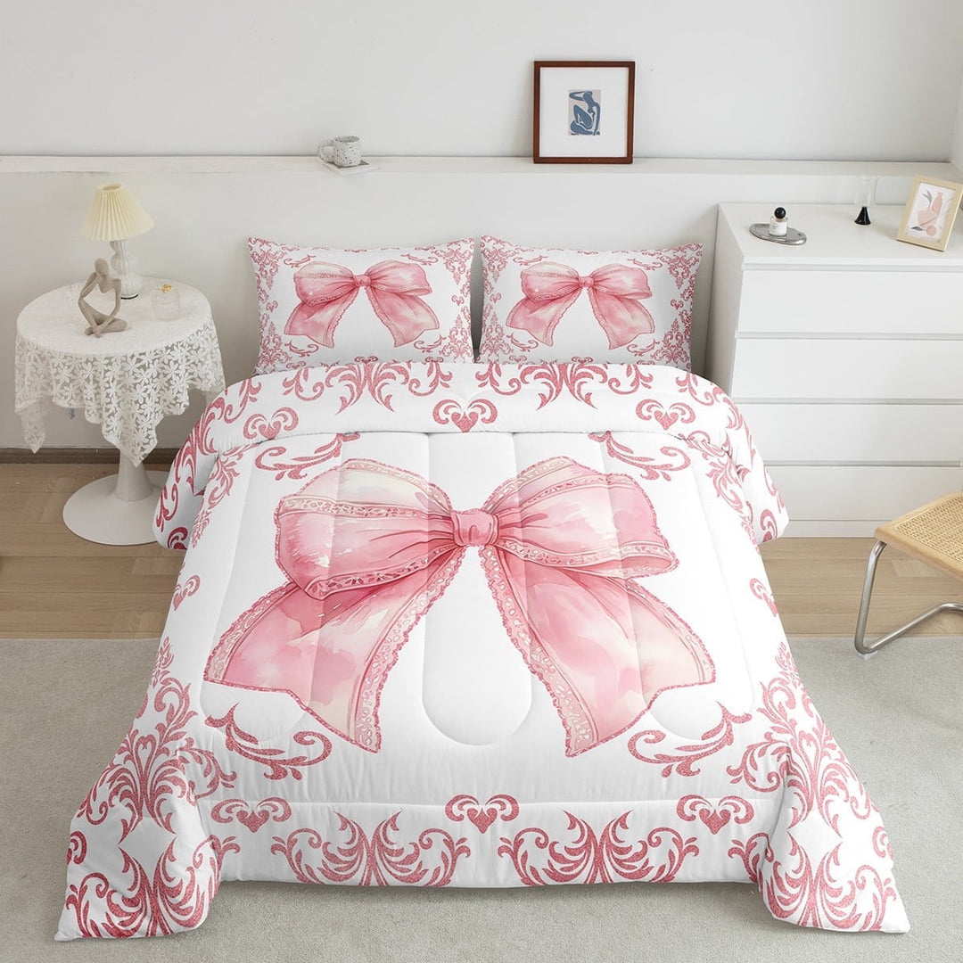 Erosebridal Girly Pink Bow Comforter Sets Full Size, Damask Floral Comforters &amp; Duvets, Cute Princess Decor, Reversible