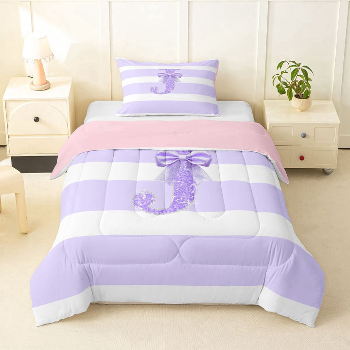 Erosebridal Teens Ribbon Bow Knot Geometric Stripes Twin Comforter Sets 3-Piece,Bling Glitter Print J Personalized Initial Bedding Set For Children Boys Girls,Pink Reversible