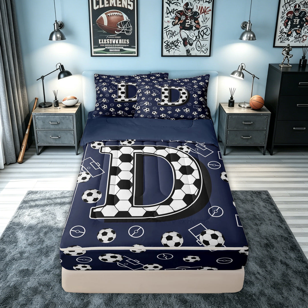 meiyoeat Soccer Letter D Zipper Comforter Set with Fitted Sheet and 2 Pillowcases for Boys, Ball Field Zipper Bedding Set for Bedroom, Navy Blue, Blue Reversible, 3 Pieces