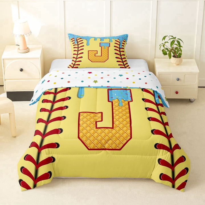 Erosebridal Light Blue Dripping Baseball Stitch &amp; Waffle Letter J Graphic Twin Comforter Sets 3-Piece, Alphabet Graphic Bedding Set for Boys And Girls Kids,Microfiber Bedroom Decor
