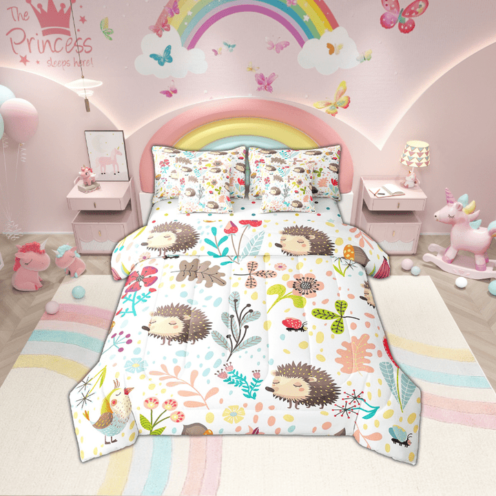 Erosebridal Cute Hedgehog Bed In A Bag With Sheets Cartoon Hedgehog Bedding Set Twin Woodland Leaves Flower Animal Bed Comforter Set 7 Piecc Jungle Wildlife Birds Quilt