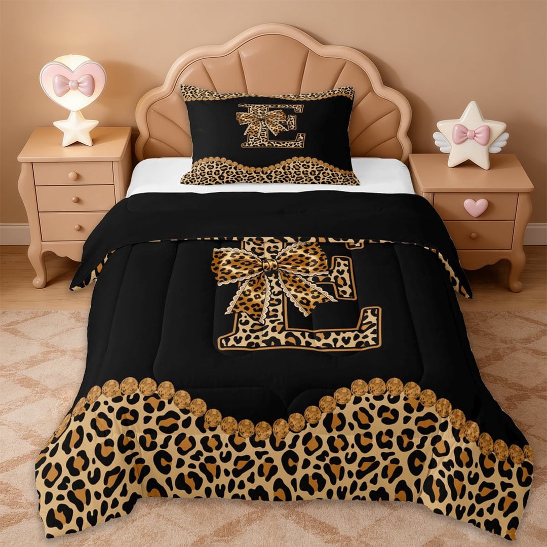 Erosebridal Brown Leopard Print Twin Comforter Sets,Cheetah Bowknot Letter E Alphabet Bedding Set For Girls Kids,Black Reversible,2-Piece