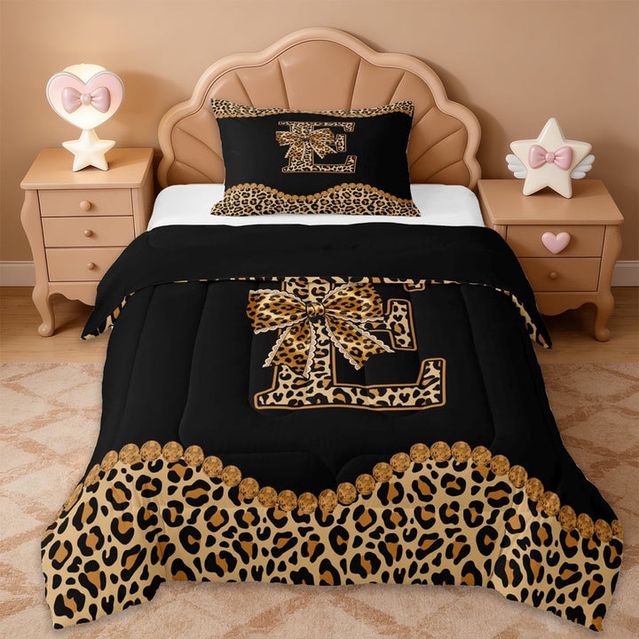Erosebridal Brown Leopard Print Twin Comforter Sets,Cheetah Bowknot Letter E Alphabet Bedding Set For Girls Kids,Black Reversible,2-Piece
