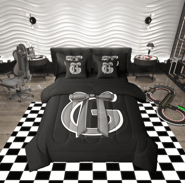 Erosebridal Initial Letter G Bedding Sets Twin Size, Black Gray Comforter Sets with Sheets, Kawaii Bow-tie Reversible Bed Set, Lightweight Room Decorative, 7 Pieces