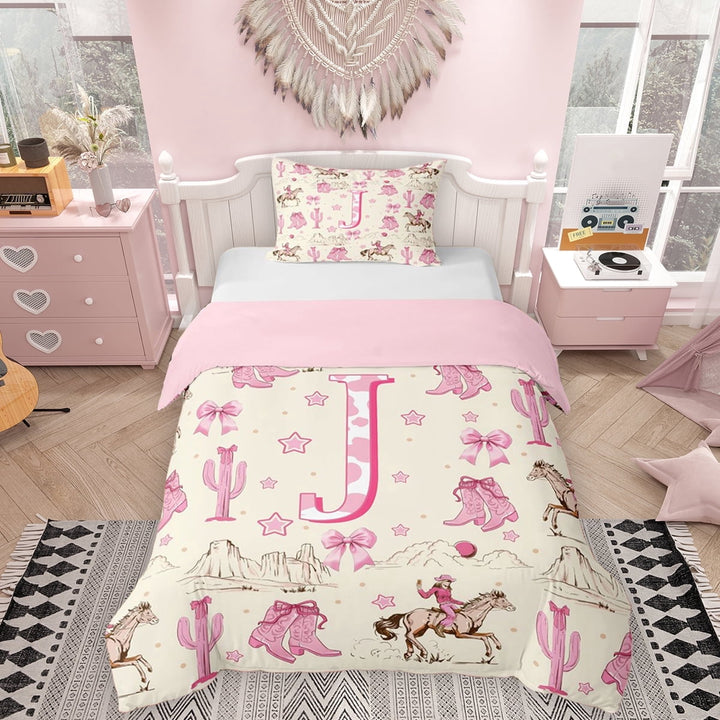 Erosebridal Western Cowgirl Twin Bedding for Girls, Personalized Initial J Duvet Cover Set, Pink Reversible, 1 Duvet Cover and 1 Pillowcase (No Comforter)