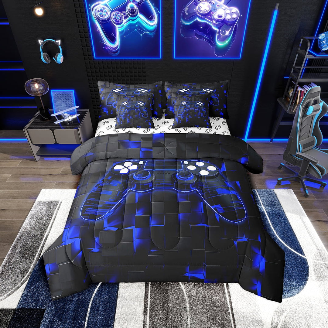 Gaming Bedding Full Size 7pcs Youth Video Game Comforter Set,Abstract Gradient Plaid Bedding Comforter Sets Black Blue Bed in a Bag Game Geometry Classic Bed Set Vintage Old Fashion