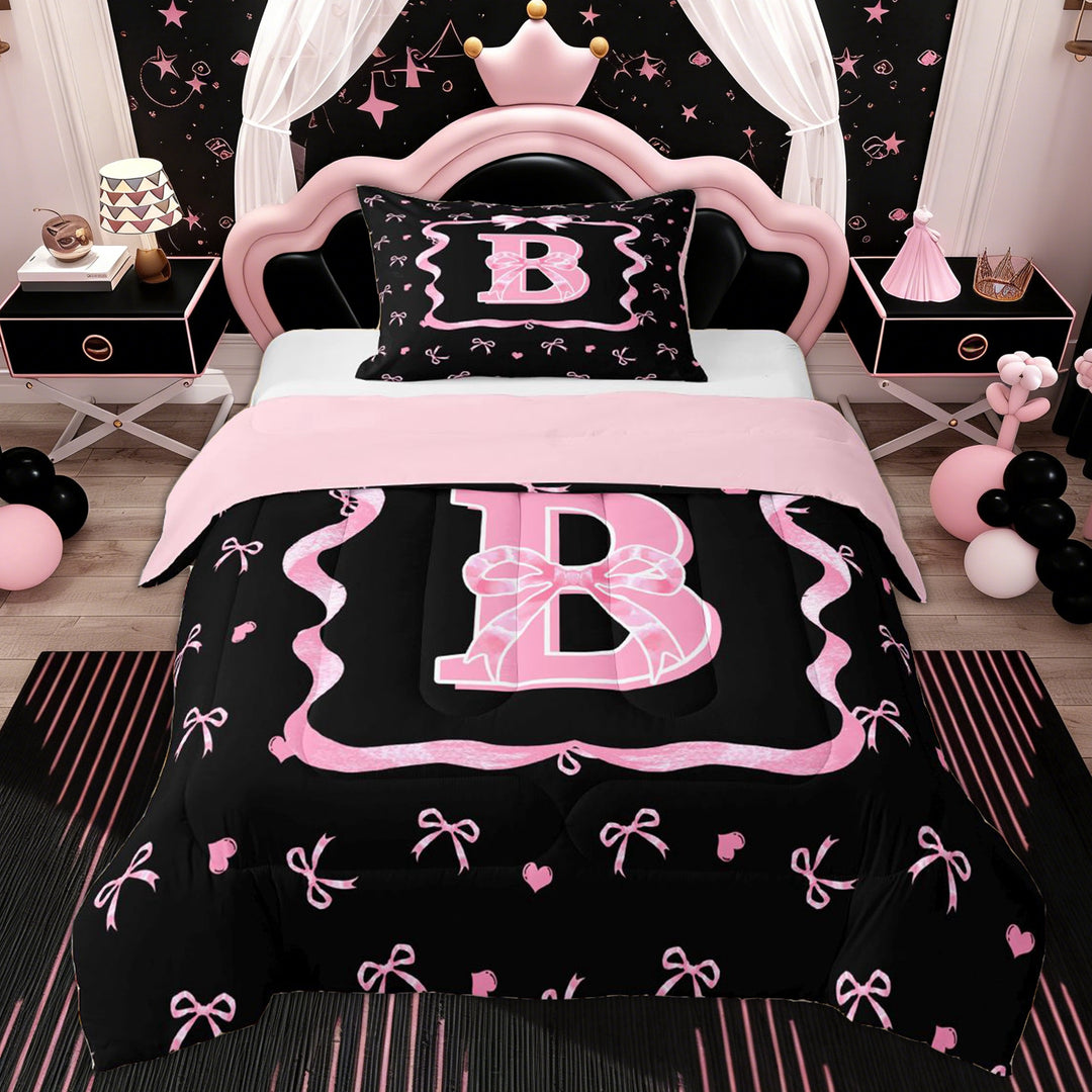 Erosebridal Black Pink Bow Twin Comforter Sets for Girls, Cartoon Letter B Bedding Set, 2 Pieces