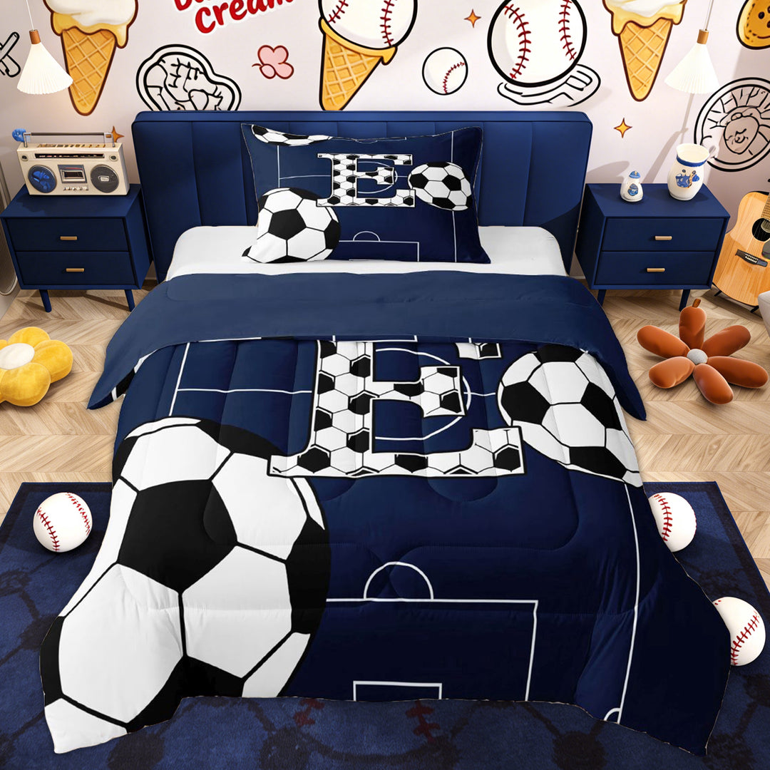 Erosebridal Kid Soccer Initial E Twin Comforter Sets, Cartoon Football Bedding Set, Blue Reversible, 2pcs