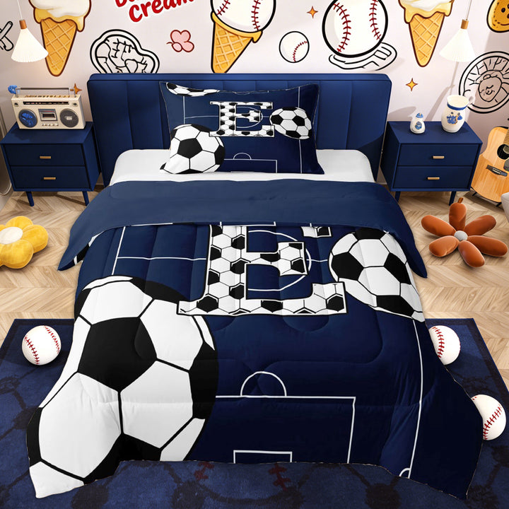Erosebridal Kid Soccer Initial E Twin Comforter Sets, Cartoon Football Bedding Set, Blue Reversible, 2pcs