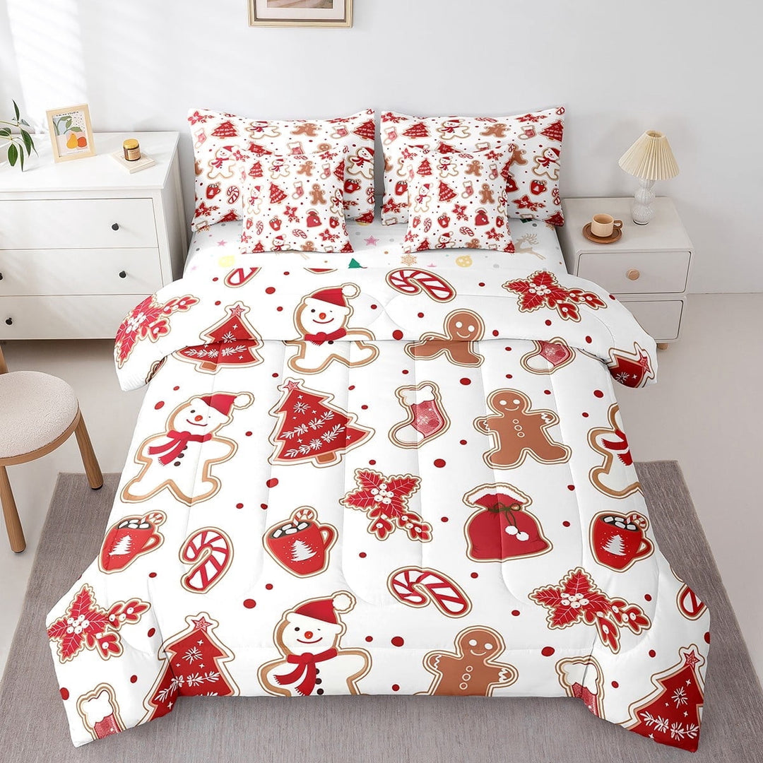 7Pcs Christmas New Year Bedding Sets Queen,Cartoon Gingerbread Christmas Bell Comforter - 1 Comforter,1 Flat Sheet 1 Fitted Sheet 2 Pillowcases 2 Throw Pillow Covers(Red)