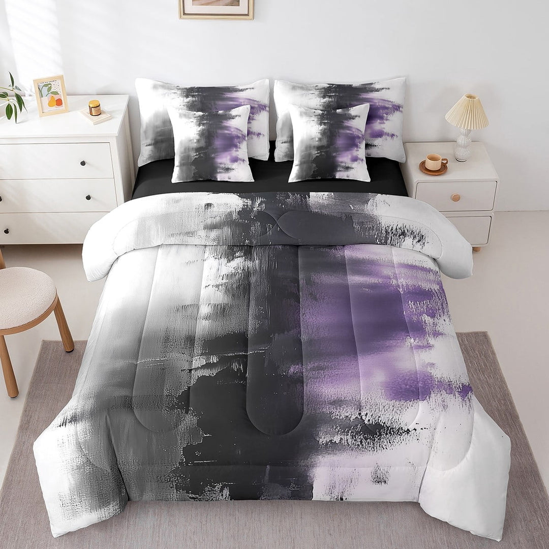 7 Piece Purple Ombre Bedding Sets Queen Size Purple Black Gradient Bed in a Bag Abstract Art Ombre Comforter Set with Sheets All Season Bed Set Modern Graffiti Watercolor Artwork Sheets