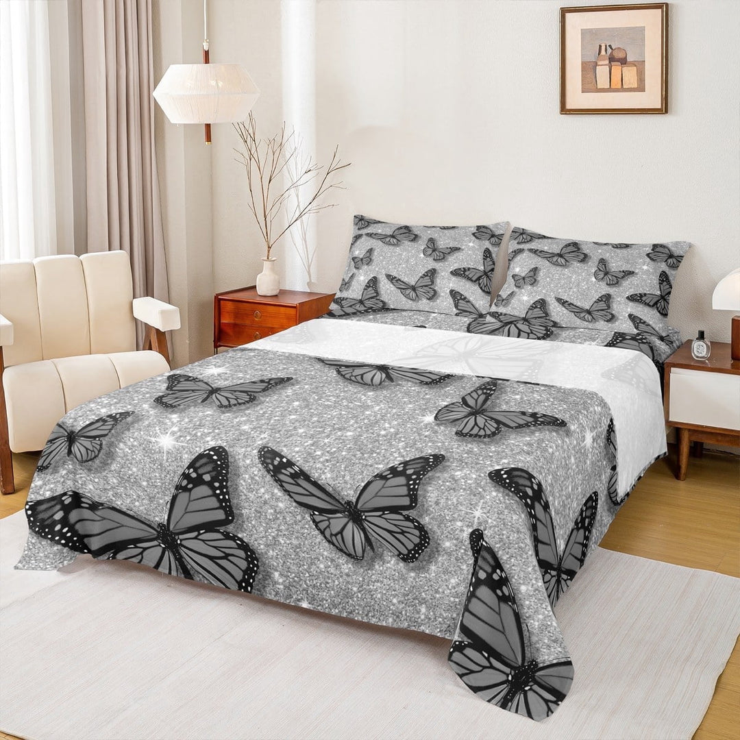 jejeloiu Chic Butterfly Twin Sheet Sets,Glitter Print Twin Fitted Sheet,Dreamy Gray Black Flat Sheet For Girls,Microfiber Bedroom Decor,3 Pieces