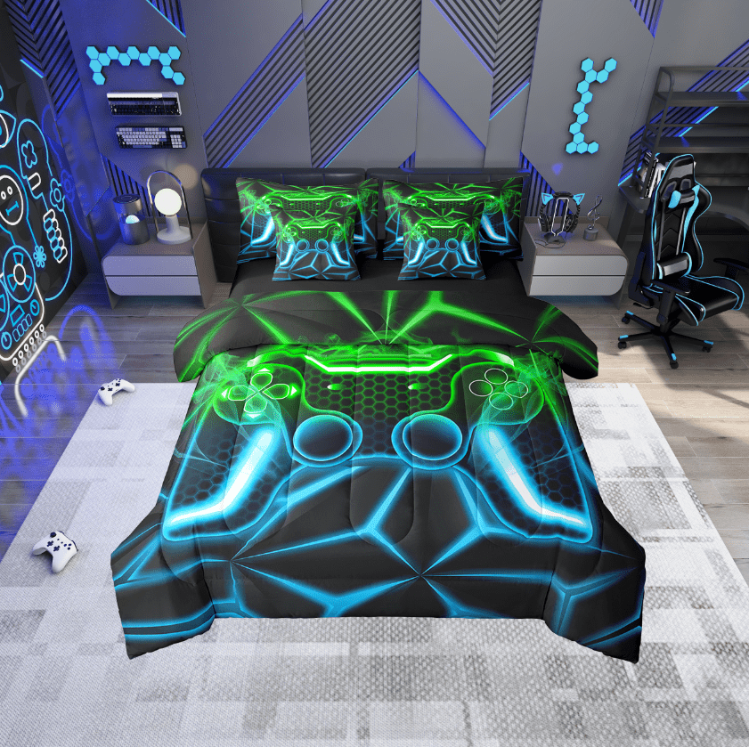 Erosebridal Teens Gamepads Bedding Sets Twin Size,Blue Green Comforter Sets with Sheets,Video Game Bed in a Bag Twin size,Breathable Geometric Room Decor,Reversible,7pcs