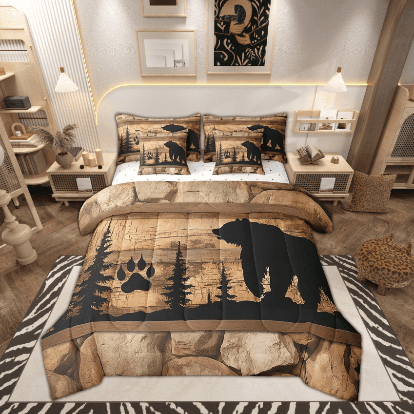 Black Bear Queen Comforter Set 7 Pieces,Bed in a Bag Queen,Woodland Animals Paw Print Pine Trees Bedding Set with Brown Rustic Lodge Cabin Comforter,Flat Sheet,Fitted Sheet,Pillowcasess
