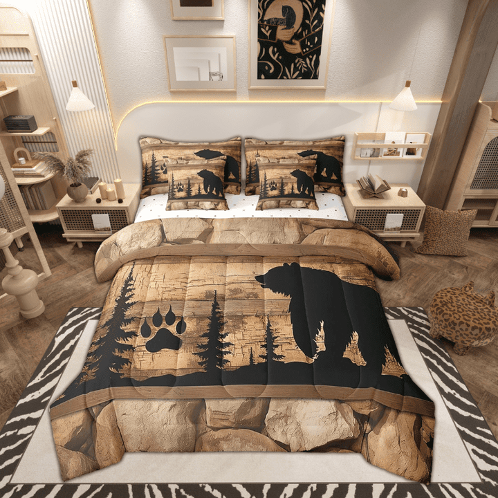 Black Bear Queen Comforter Set 7 Pieces,Bed in a Bag Queen,Woodland Animals Paw Print Pine Trees Bedding Set with Brown Rustic Lodge Cabin Comforter,Flat Sheet,Fitted Sheet,Pillowcasess