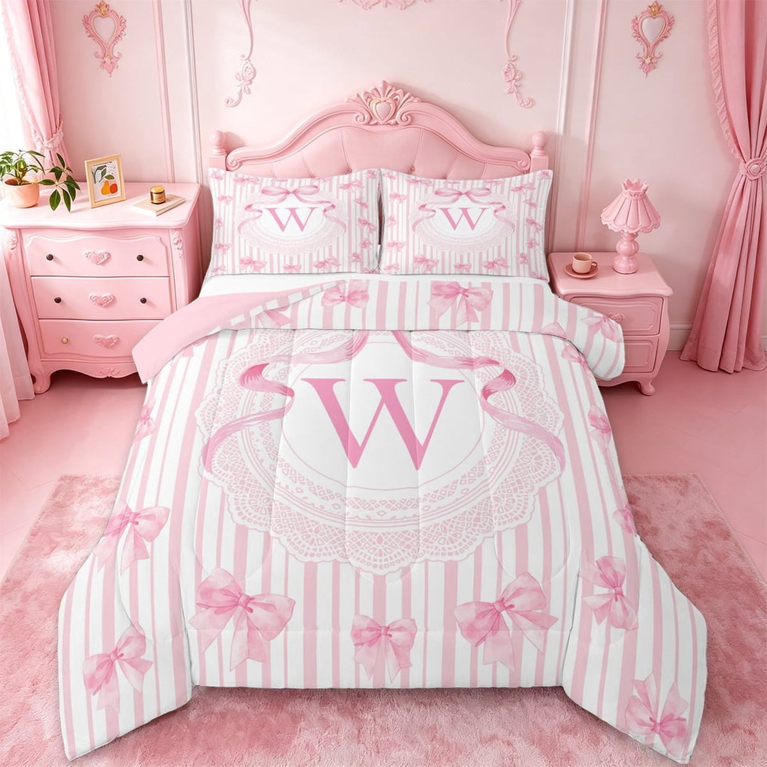 Manfei Ruffle Bows Full Size Comforter Sets For Girl,W Letter Print Bedding Sets For Kids,Pink Reversible,3 Pieces