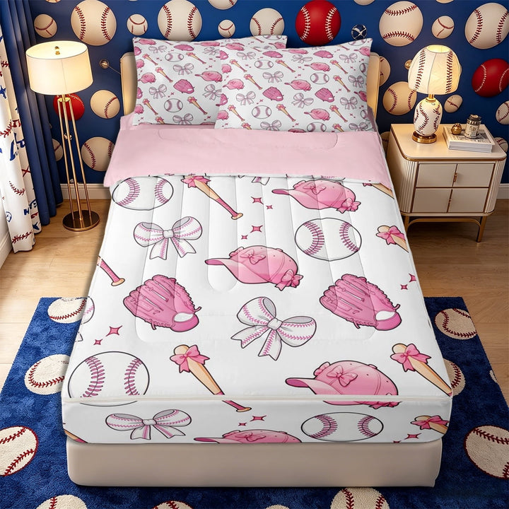 Meiyoeat Sport Baseball Zipper Twin Comforter Sets with Fitted Sheet and 2 Pillowcases, Cartoon Bow Print Zipper Bedding Set, Pink White,4-Piece,Pink Reversible