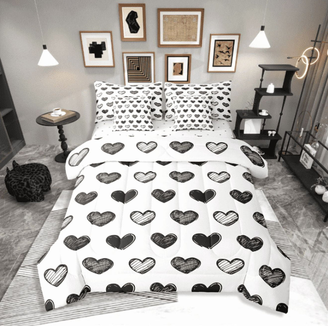 Erosebridal Cute Love Twin Comforter Set 7 Piece,Black and White Romantic Bed in a Bag,Kawaii Heart Shaped Sheet Set with Comforter,Graffiti Style Love Heart Bed Sets