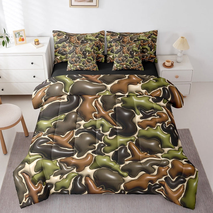 Erosebridal Black Brown Green Bed in a Bag Twin Size, 3D Camouflage Camo Bed Set, Reversible 7 Pieces