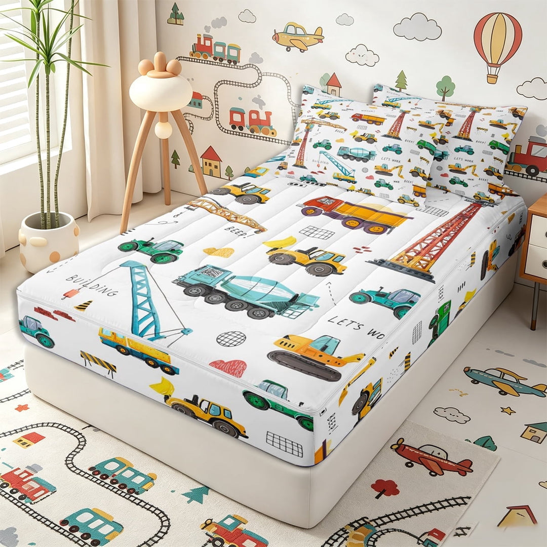 Erosebridal Hand Drawn Construction Truck Zipper Full Size Comforter Sets with Fitted Sheet and 2 Pillowcases,Crane Text Secondary Tile Zipper Bedding Set,Yellow Teal White,4pcs,Reversible