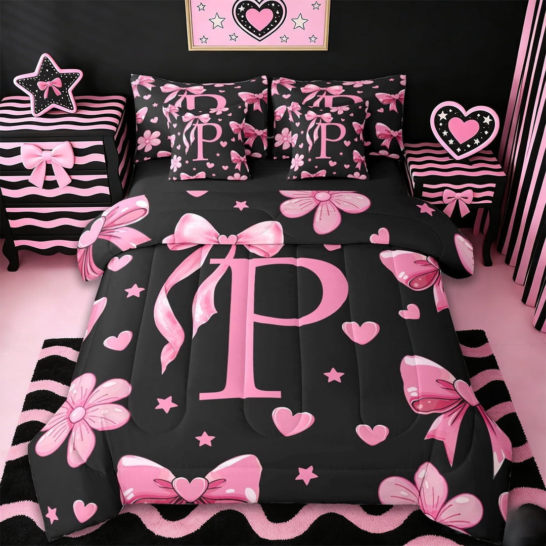 Erosebridal Personalized Initial Gifts 7-Piece Twin Bedding Sets For Girls Kids,Pink Bowtie Alphabet P Bedding Comforter Set,Reversible black