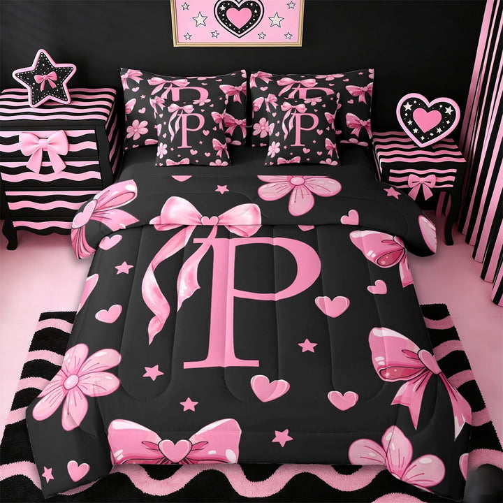 Erosebridal Personalized Initial Gifts 7-Piece Twin Bedding Sets For Girls Kids,Pink Bowtie Alphabet P Bedding Comforter Set,Reversible black