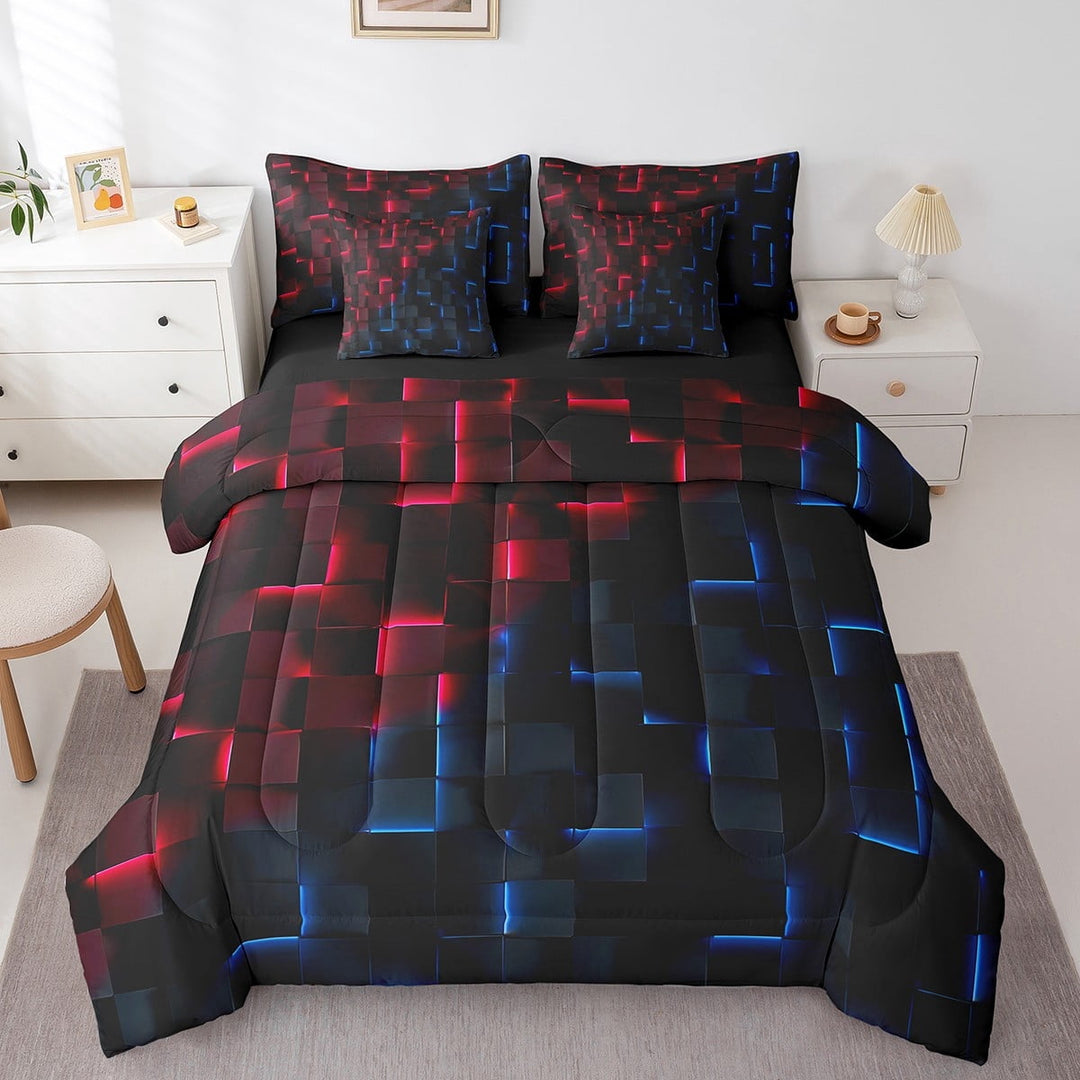 Erosebridal Abstract Grid Bedding Sets Twin Size,Red Blue Comforter Sets with Sheets,Geometric Buffalo Bed in a Bag Twin size,Lightweight Futuristic Cubes Room Decor,Reversible,7pcs