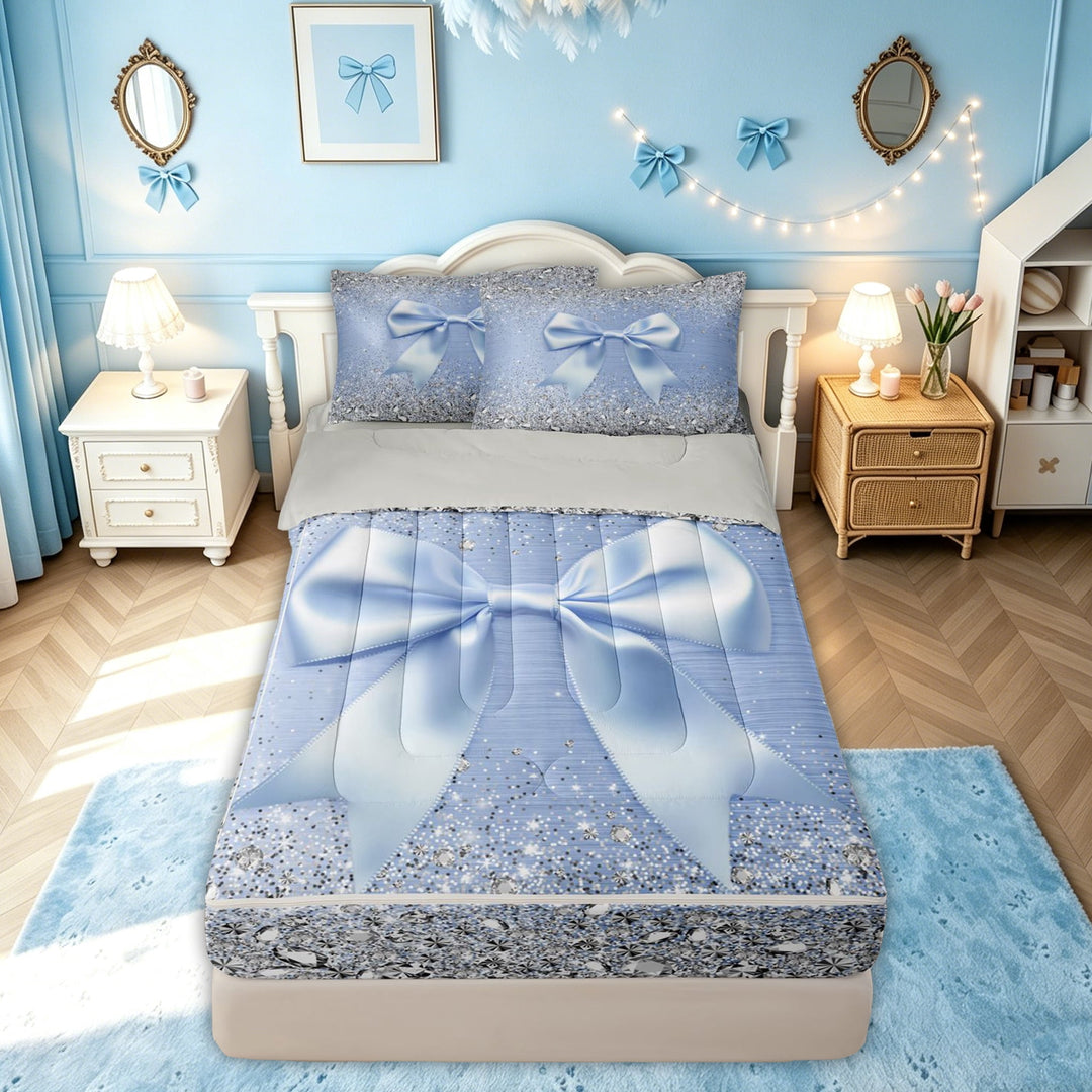 meiyoeat Bow Sparkle Zipper Twin Comforter Sets with Fitted Sheet and 2 Pillowcases for Kids Boys Girls, Fashion Princess Diamond Zipper Bedding Set, Blue Silver, Grey Reversible, 4 Pieces