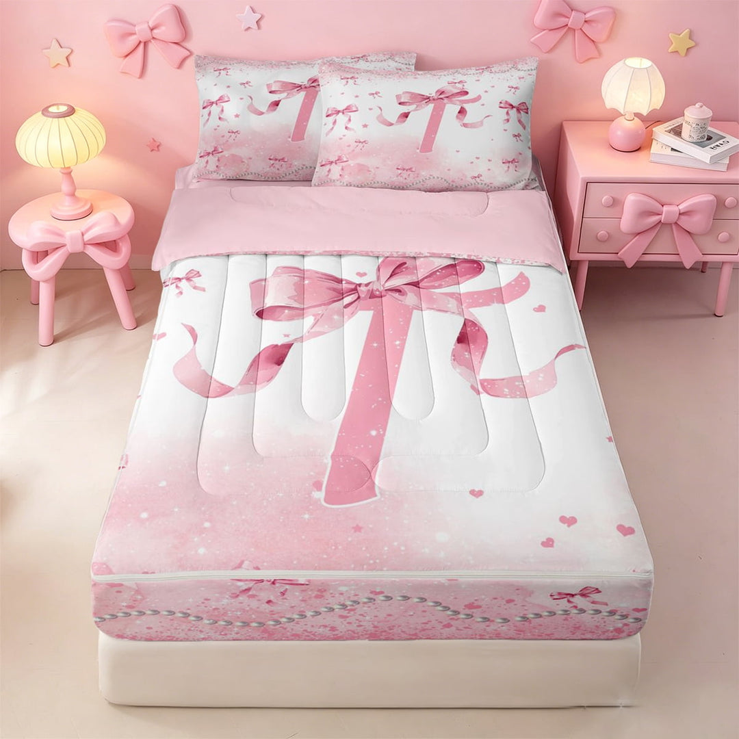 meiyoeat Coquette Bow Monogrammed T Zipper Full Size Comforter Sets with Fitted Sheet and 2 Pillowcases,Pink Pearl Initial Print Zipper Bedding Set For Girl,Pink Reversible,4 Pieces