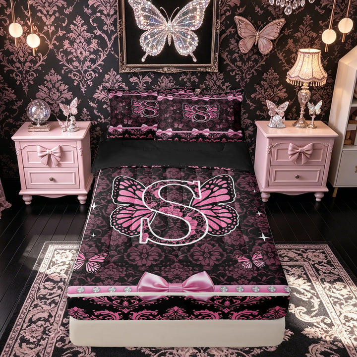 meiyoeat Damask Bow S Letter Zipper Full Size Comforter Sets with Fitted Sheet and 2 Pillowcases for Women Girls, Pink Black Diamond Butterfly Zipper Bedding Set, Black Reversible, 4-Piece