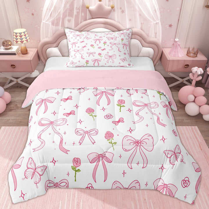Erosebridal Pink Kawaii Bowknot Twin Comforter Sets for Girls, Rose Flower Bedding Set, 2-Piece
