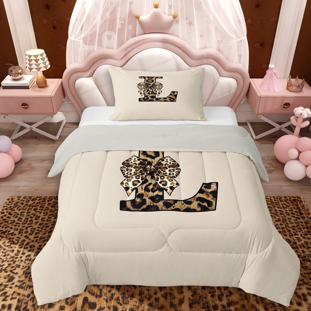 Erosebridal L Letter Monogrammed Twin Comforter Sets 3-Piece For Teens Adults,Girls Boys Vintage Cheetah Print Bow Bedding Set,Grey Reversible