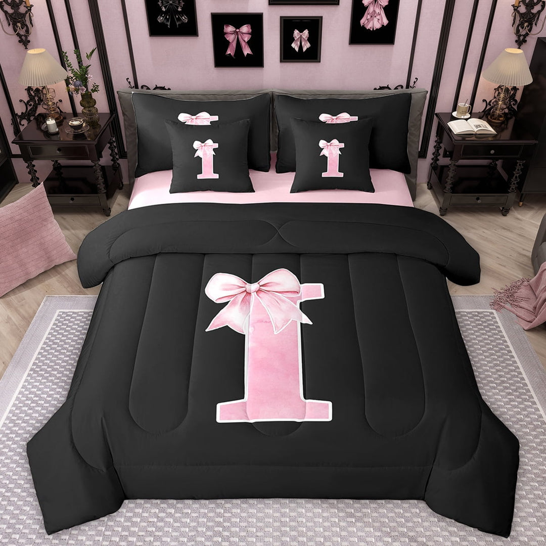 Manfei Cute Girls Bowknot Bowtie Twin Bedding Sets 7-Piece, Monogrammed Bedding Comforter Set, Personalized Letter I Sheet Sets, Lightweight Bedroom Decor