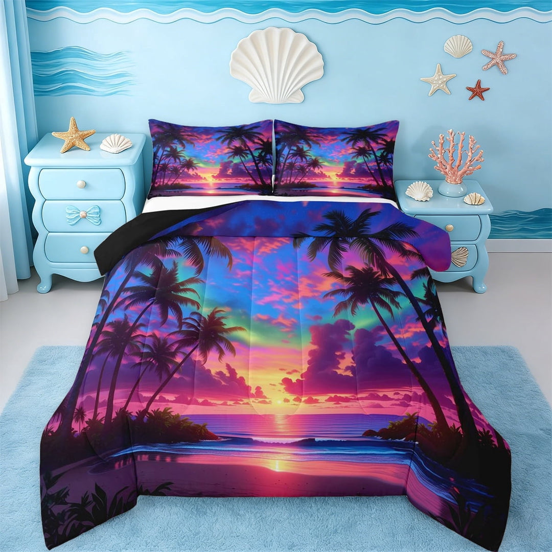 Erosebridal Hawaii Beach Full Size Comforter Sets,Hawaii Holiday Tropical Botanical Coconut Tree Bedding Sets For Girls,Reversible Black,3-Piece