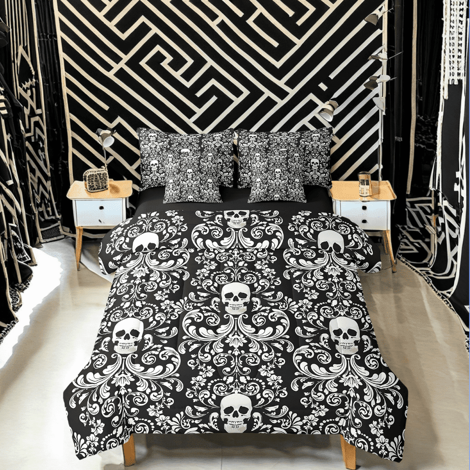 Damask Gothic Bedding Set Adults Antique Victorian Bed in a Bag King Size Comforter Set 7 Pieces,Black White Sugar Skull Sheet Set Vintage Floral Goth Bed Set,Exotic Bone Skeleton Bohemian Decor