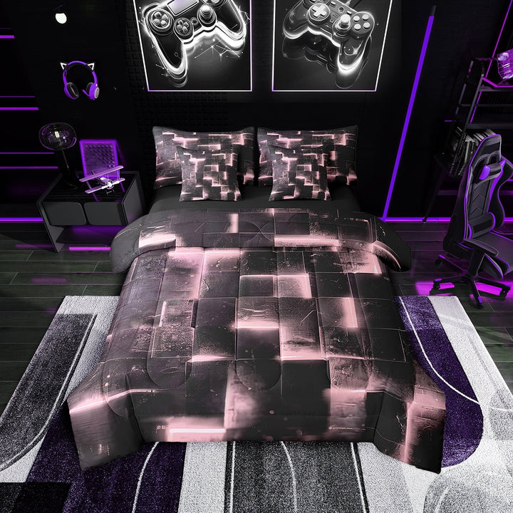 3D Geometric Bed in a Bag 7pcs Abstract Aesthetic Bedding Set, Black and Pink Queen Size Comforter Set Glowing Futuristic Cubes Bedding Comforter Sets, Neon Grid Bed Set
